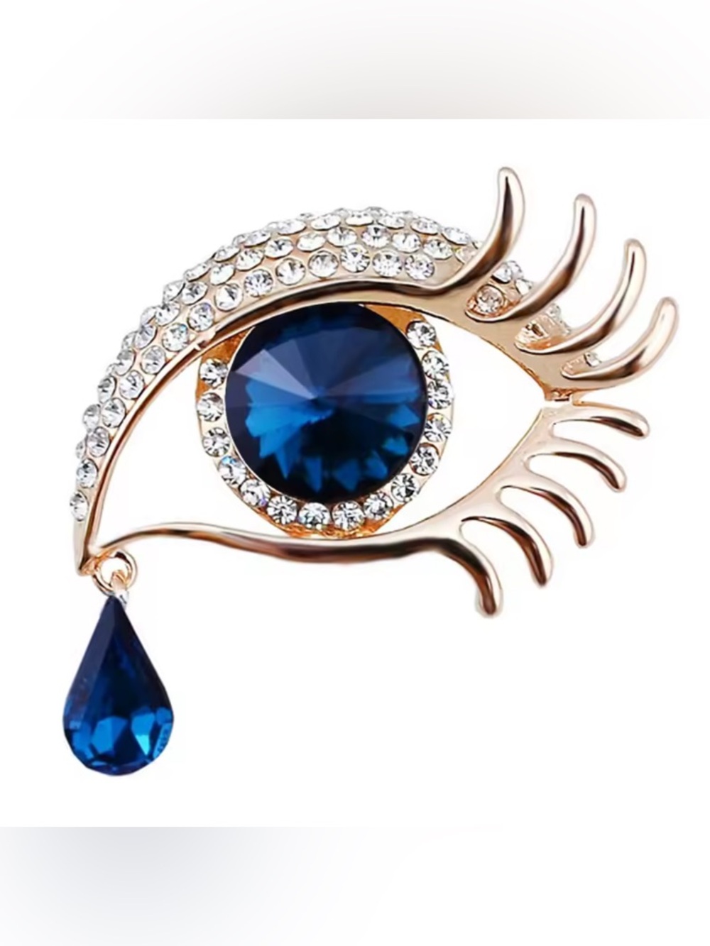Gold-Tone Blue Crystal Eye Brooch with Tear